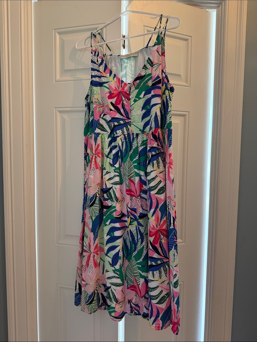 LOFT Tropical Floral Midi Dress in Pink, Green & Blue